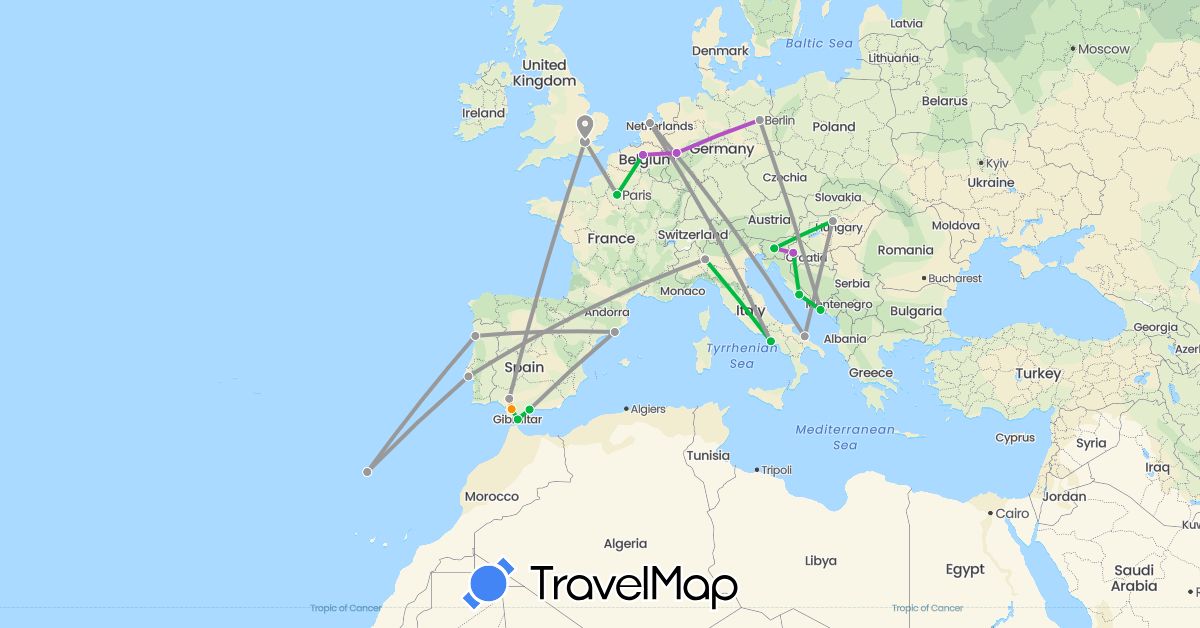 TravelMap itinerary: driving, bus, plane, train, hitchhiking in Belgium, Germany, Spain, France, United Kingdom, Gibraltar, Croatia, Hungary, Italy, Netherlands, Portugal, Slovenia (Europe)